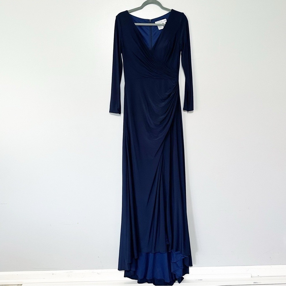 IEENA MAC DUGGAL Midnight Navy Ruched Faux Wrap High Slit Jersey Dress 8‎